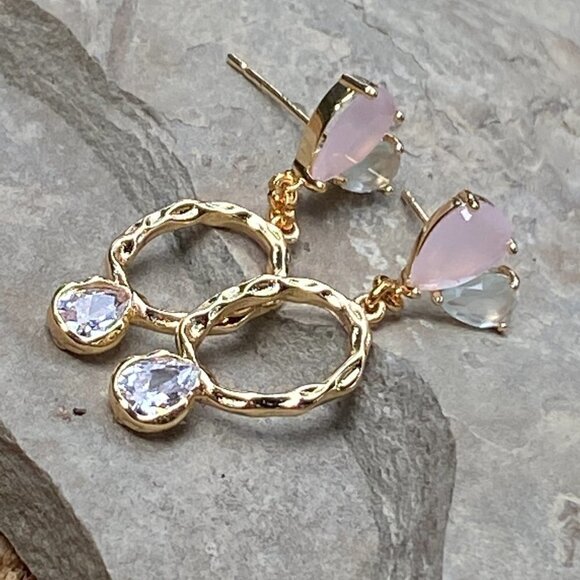 Plated Hammered Gold with Cubic Zircon Stone Stud Earrings - Picture 7 of 10